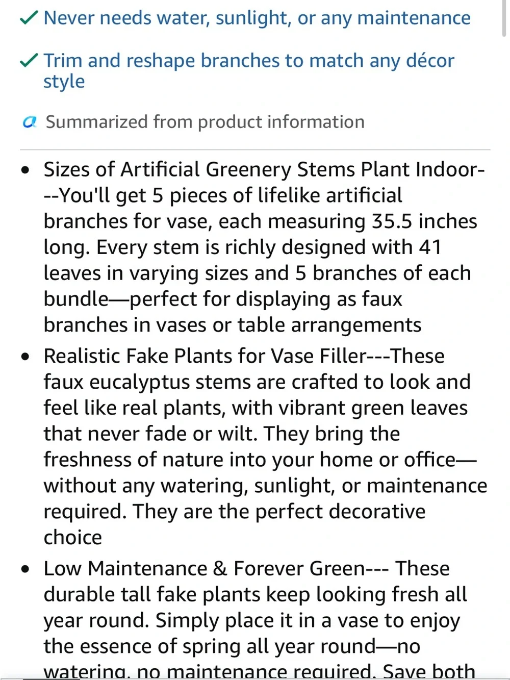 Artificial Greenery Stems for Vase 5 Pcs Tall Fake Plants Branches Faux Greenery